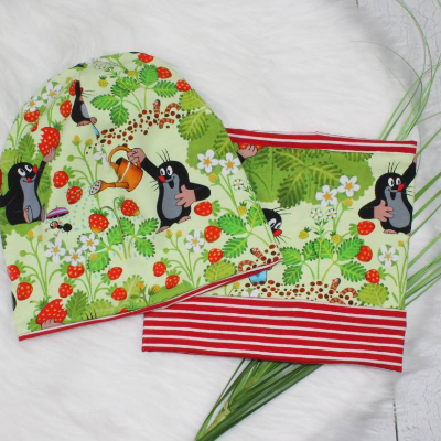 Kinder Set Beanie und Loop Kindermütze Mütze Maulwurf Pauli Erdbeerfeld Erdbeerpauli
