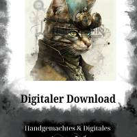 Digitaler Download Motiv "Steampunk Katze" Sublimation png 300dpi Kunstdruck quadratisch Zeichnung Ölfarbe Bild 2