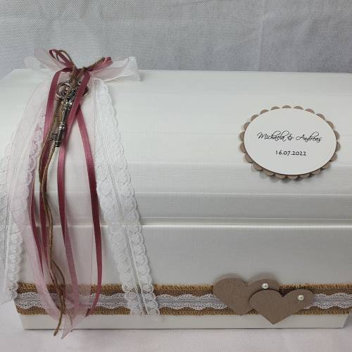 Briefbox Truhe VINTAGE mit Zierschlüssel in elfenbein-altrosa Hochzeit Kartenbox
