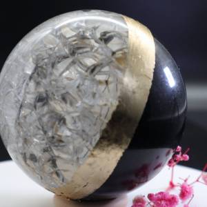 Stein und Glaskugel, Hybrid aus Basalt und Kristallglas mit 24 Karat Blattgold verziert, Kristall, Deko Sphere Crystal, Bild 4