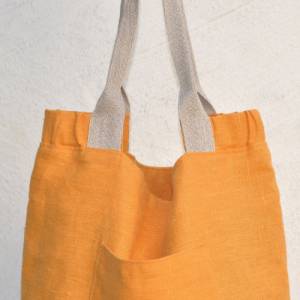 gelber Leinenshopper, Einkaufstasche, doppellagig mit Innentasche, Karabiner, Schnelleingriffstasche außen Bild 5