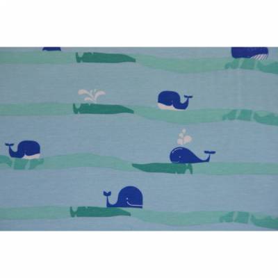 Jersey blau grün mit Wal Walfischen Meer Wellen 50 x 145 cm Nähen