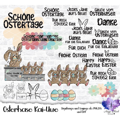 35 Digipaper „Kai-Uwe, Osterhase, JPEG hohe Qualität (300 DPI), Digistamps, Sayings, PNG,SVG und DXF