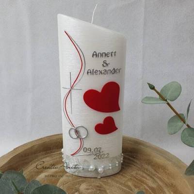 Hochzeitskerze Perlmutt geriffelt - Ellipse abgeschrägt mit Herzen - ROT-SILBER