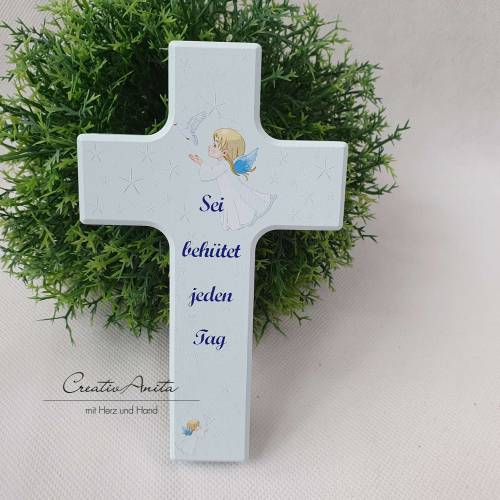 Kinderkreuz aus Holz zur Taufe "Sei behütet..." in Blau