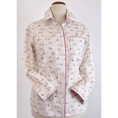  Damen Hemdbluse Woll/Weiß mit dezenten Fahrräder als Motiv