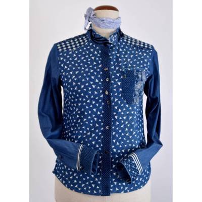 Damen Jeans Hemd in Patchwork Art | Motiv kleine Schmetterlinge |