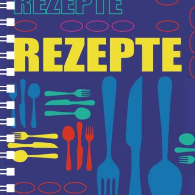 Notizblock Rezepte, mit Spiralbindung, buntes Typo und Besteck auf Blau