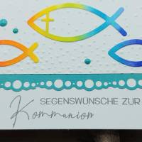 Glückwunschkarte zur Kommunion - Fische, türkis-weiß, regenbogenfarben Bild 4