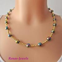 Perlenkette kurz Collier Regenbogenfarben goldfarben Perlen Kette mit Steinperlen  handgefertigt Bild 1