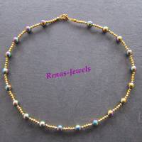 Perlenkette kurz Collier Regenbogenfarben goldfarben Perlen Kette mit Steinperlen  handgefertigt Bild 8