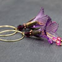 Ohrringe Creolen, Blüten, lila, rosa, antik bronze, romantisch Bild 2
