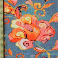 Jersey graublau mit leuchtenden orange - roten Blüten und Ranken 50 x 150 cm Bild 2