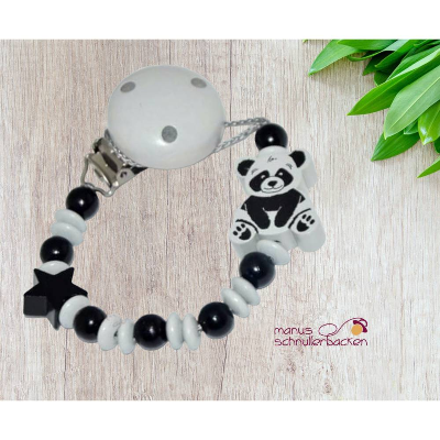 Schnullerkette "Panda mit Stern" ohne Namen in Schwarz, Grau