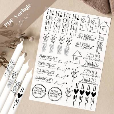 Home PDF Vorlage Kerzentattoo Kerzensticker Kerzen Zuhause Haus Hier wohnt das Glück Skandi Vase Blume Home sweet Home