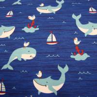 Baumwolljersey Wale, Segelschiffe, Anker, Möven auf jeansblau maritimer Jersey Kinderstoffe Meterware Stoffe Jer Bild 1