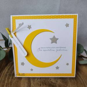 Glückwunschkarte zur Geburt, Taufe mit Mond und Sterne in gelb-grau Bild 1