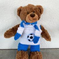 3 teilige Fußballkleidung für Teddybär 30 cm mittel blau  und weiß für Fußballfans  Bärenkleidung ! Bild 2