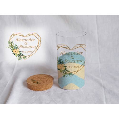 Sandzeremonie Glas mit Holzdeckel Hochzeitsbrauch Windlicht Design Geometric Heart