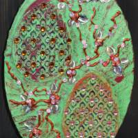 Osterdeko SHABBY OSTERN abstrakte Malerei Collage auf einem ovalen Keilrahmen Künstler-Ei Wanddeko  Osterdekoration Bild 1