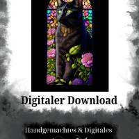 Digitaler Download Motiv "Schwarze Katze Tiffany" Sublimation png 300dpi Kunstdruck A4 Katze Blumen Bild 2