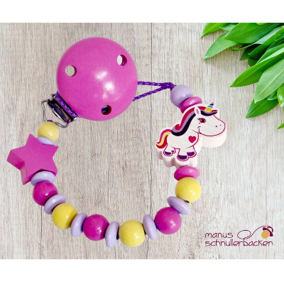 Schnullerkette " Einhorn mit Sternchen" ohne Namen in Magenta, Flieder, Pastellgelb