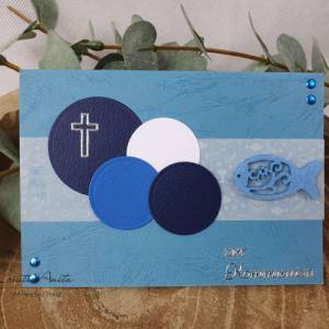 Glückwunschkarte Kreise in Blautöne mit Kreuz und Fisch zur Kommunion, Konfirmation, Firmung Bild 1