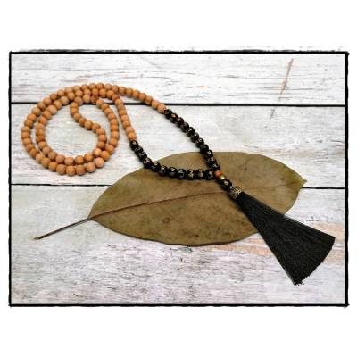 Sandelholz Mala mit Obsidian Perlen, Gebetskette, Malakette, Buddhismus, Mala Kette, Hinduismus, Yogaschmuck, Meditation