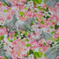 Jersey mit weißen Pferden und Apfelblüten Stenzo Digitaldruck 50 x 150 cm Bild 1