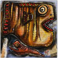 Klausewitz Original Acrylgemälde und Collage Leinwand Keilrahmen Picasso Fishes: DO! - 20 x 20 cm Bild 1