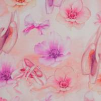 Jersey mit Ballettschuhen Tanzschuhen Ballett zart rosa Blumen  50 x 150 cm Nähen elastisch Bild 1
