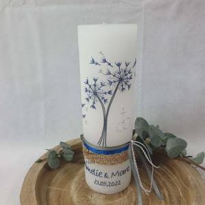 Hochzeitskerze Rustik weiß mit Teelichteinsatz - Pusteblumen - Silber-Blau metallic inkl. Aufbewahrungskarton Bild 1