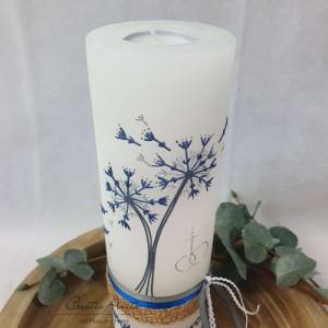 Hochzeitskerze Rustik weiß mit Teelichteinsatz - Pusteblumen - Silber-Blau metallic inkl. Aufbewahrungskarton Bild 3