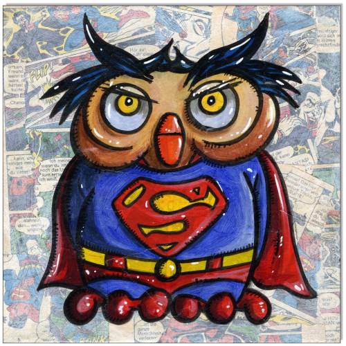 Klausewitz Original Acrylgemälde und Collage Leinwand Keilrahmen SUPER Owl - 20 x 20 cm