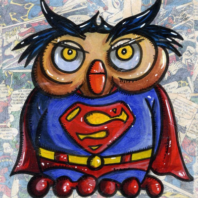 Klausewitz Original Acrylgemälde und Collage Leinwand Keilrahmen SUPER Owl - 20 x 20 cm