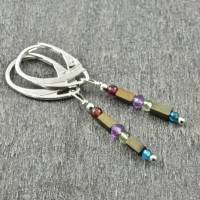 Minimalistische, zarte Ohrringe / Ohrhänger mit Hämatit und bunten Edelsteinen, 925er Silber - Regenbogen Bild 5