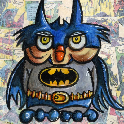 Klausewitz Original Acrylgemälde und Collage Leinwand Keilrahmen BAT Owl - 20 x 20 cm