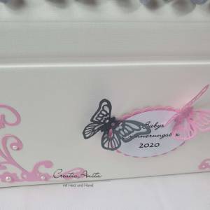 Erinnerungstruhe Box TAUFE GEBURT BABY rosa-grau mit Schmetterlinge Bild 3