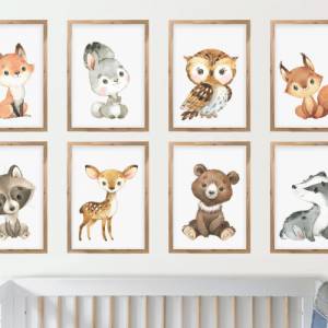 8er Poster-Set Waldtiere Kinderzimmer • Babyzimmer Deko • Reh, Fuchs, Bär, Eule & co. • ohne Rahmen • CreativeRobin Bild 1