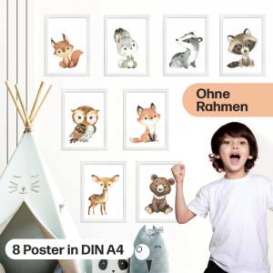 8er Poster-Set Waldtiere Kinderzimmer • Babyzimmer Deko • Reh, Fuchs, Bär, Eule & co. • ohne Rahmen • CreativeRobin Bild 3