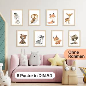 8er Poster-Set Waldtiere Kinderzimmer • Babyzimmer Deko • Reh, Fuchs, Bär, Eule & co. • ohne Rahmen • CreativeRobin Bild 4