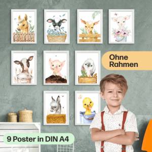 9er FarmTier Poster-Set fürs Kinderzimmer I Fohlen, Ferkel, Kalb, Entenküken uvm. als süße Babyzimmer Deko Bild 4