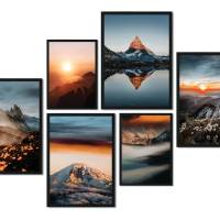 CreativeRobin Poster Set als Wohnzimmer Deko | 4x A3 + 2x A4 Wandbilder Collage » Bergpanorama mit Sonnenuntergang « Bild 1