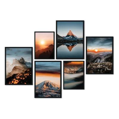 CreativeRobin Poster Set als Wohnzimmer Deko | 4x A3 + 2x A4 Wandbilder Collage » Bergpanorama mit Sonnenuntergang «