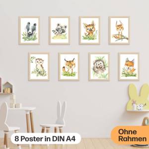 8er Poster-Set Waldtiere Kinderzimmer I Babyzimmer Deko I Eichhörnchen, Igel, Eule, Luchs etc. mit Flora Bild 1