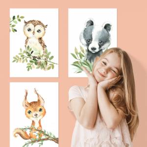 8er Poster-Set Waldtiere Kinderzimmer I Babyzimmer Deko I Eichhörnchen, Igel, Eule, Luchs etc. mit Flora Bild 3