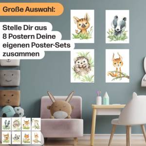 8er Poster-Set Waldtiere Kinderzimmer I Babyzimmer Deko I Eichhörnchen, Igel, Eule, Luchs etc. mit Flora Bild 4