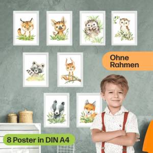 8er Poster-Set Waldtiere Kinderzimmer I Babyzimmer Deko I Eichhörnchen, Igel, Eule, Luchs etc. mit Flora Bild 5
