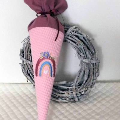 Geschwistertüte kleine Schultüte personalisierbar Kindergartentüte Regenbogen rosa Kitatüte Waffelstoff Zuckertüte