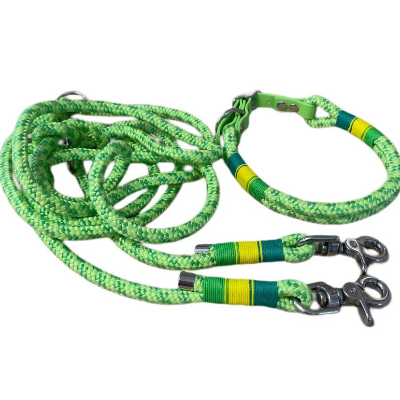 Hundeleine und Halsband Set, beides verstellbar, grün, gelb, Biothane (US-Patent) und Schnalle, 8 oder 10 mm Stärke von